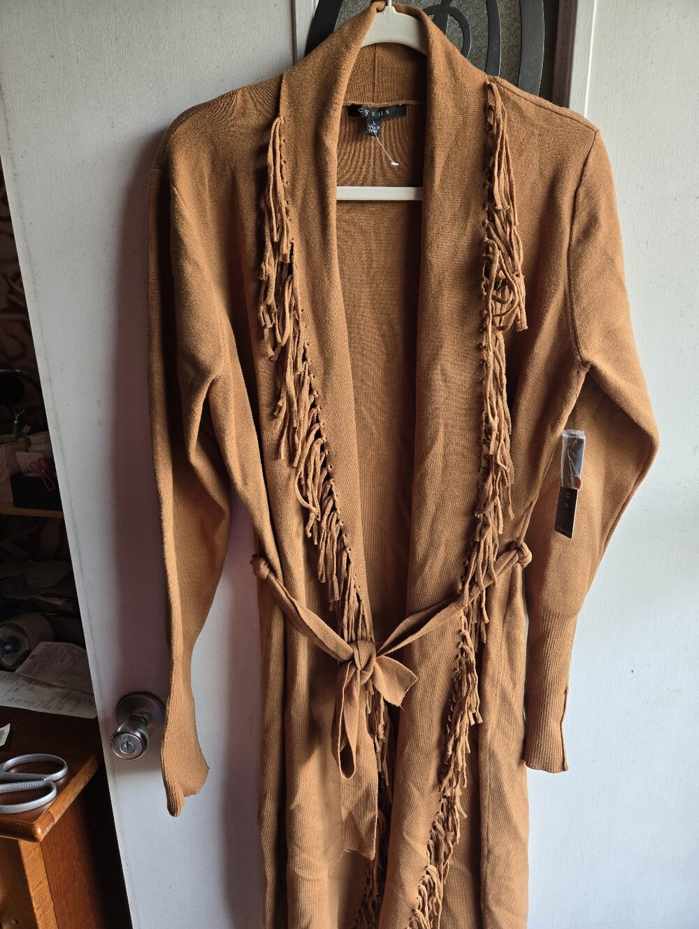 Cyrus Fringe Trim Open Front Duster Coatigan NWT